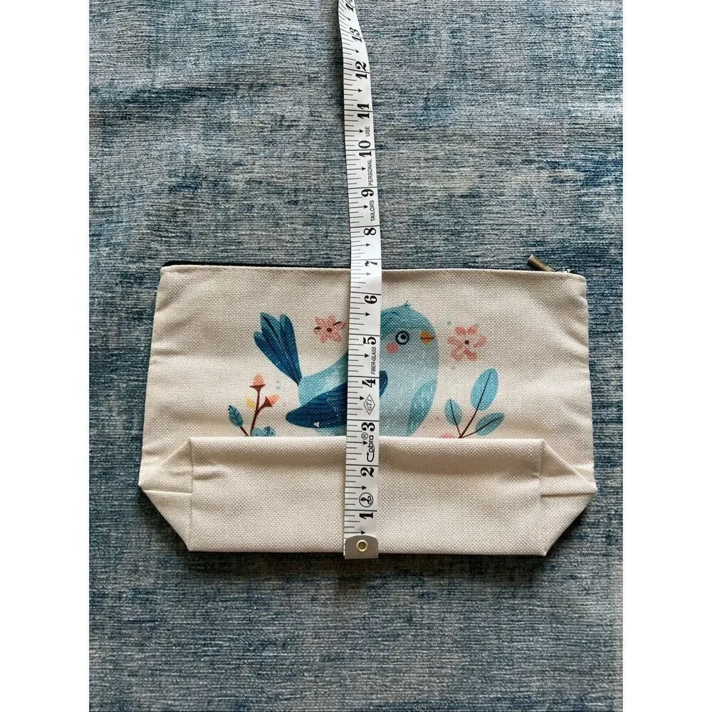 Blue Bird Pink Flowers Cotton Canvas Small Makeup Bag Travel Toiletry Pouch